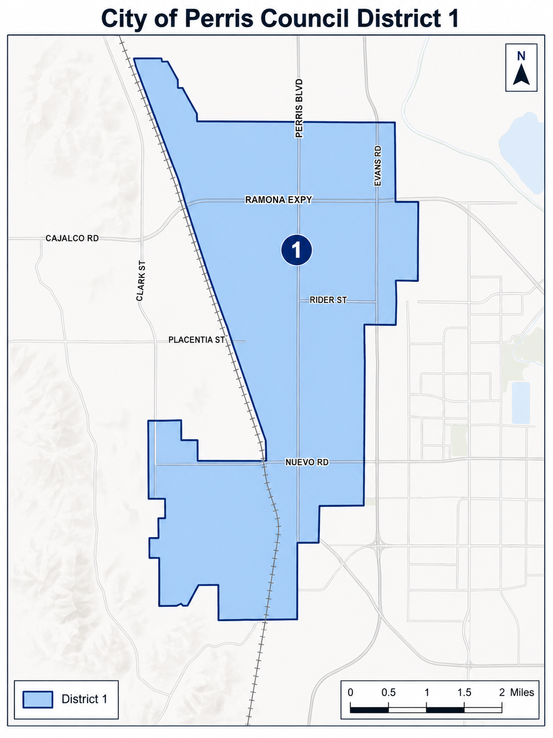 City of Perris Council District 1 map showing District 1 in light blue.
