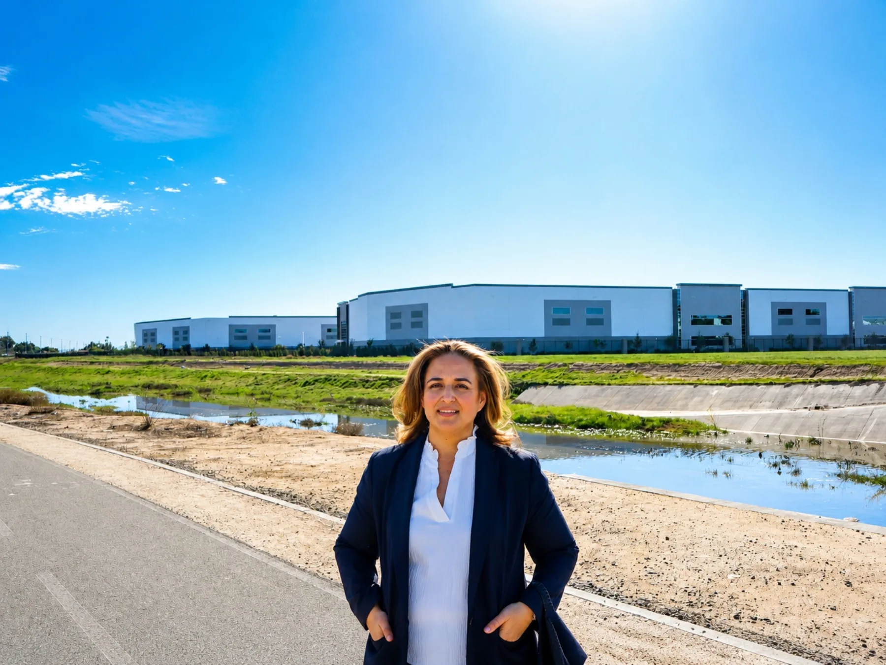 Lupe Gomez standing near warehouse development in Perris